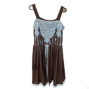 Tunic Top Dress 19x43”  M Open Front Slit Brown Strap Lined Pullover Appliqué